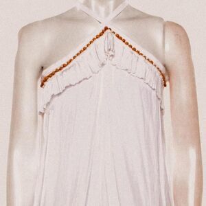 Ramy Brook White Silky Beaded Ruffle Halter Top – Glam Resort Style (Size Small)